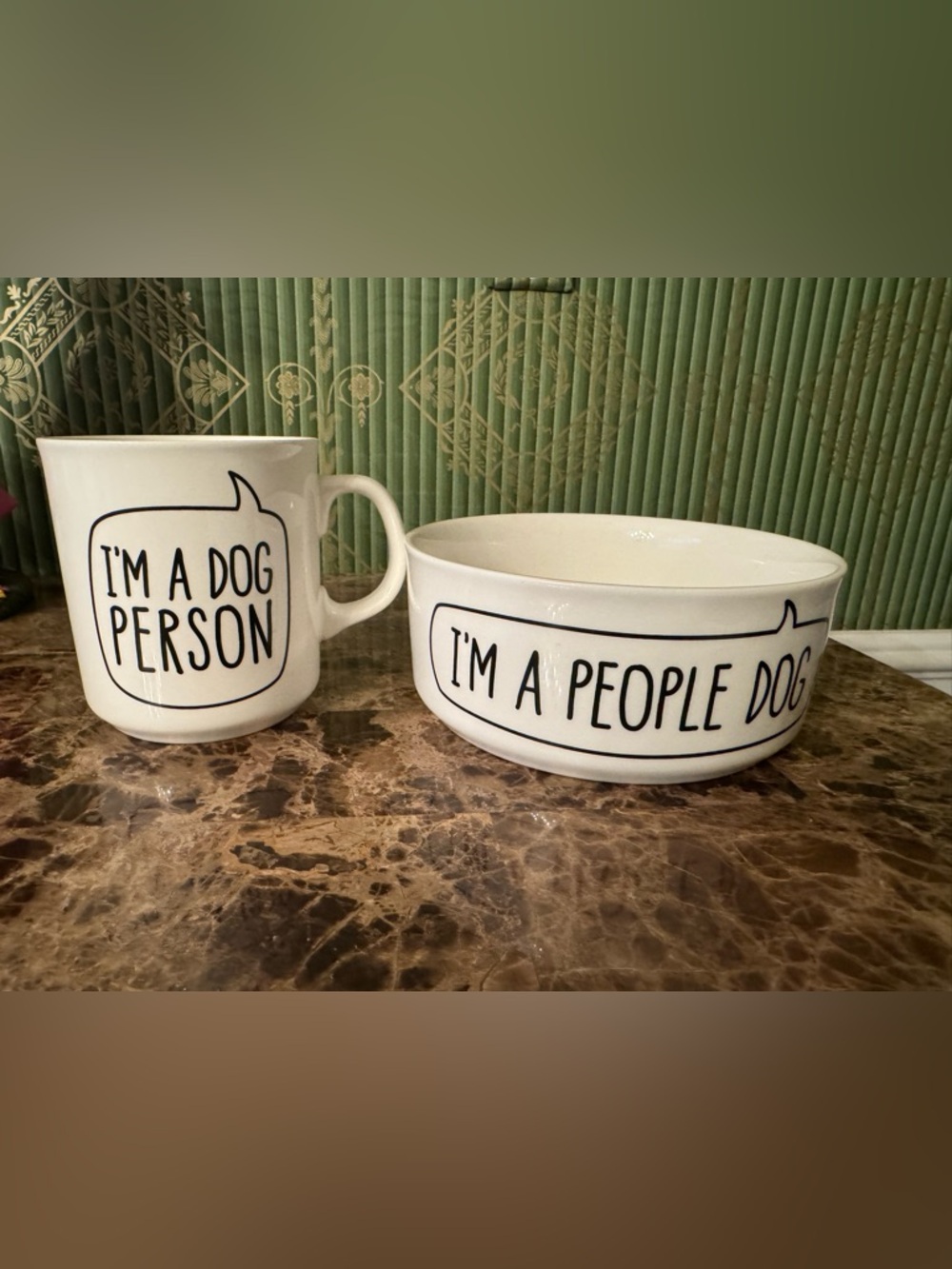 Fred White Ceramic Dog Bowl and Coffee Mug
